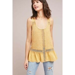 ERI + ALI Anthropologie Ruffle Hem Crochet Yellow Flounce Tank Top | Small